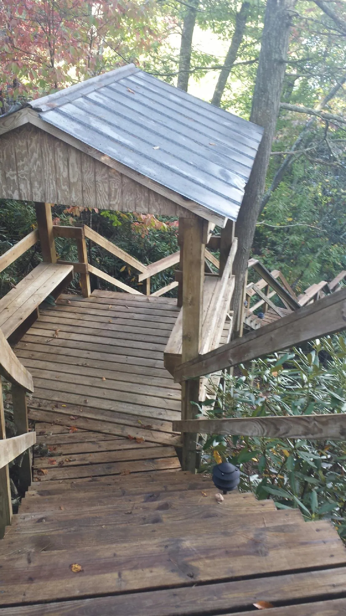 Metal roofed shelter over wooden steps on a wooded walkway — Skylight Repair & Installation work by our crew in Elma
